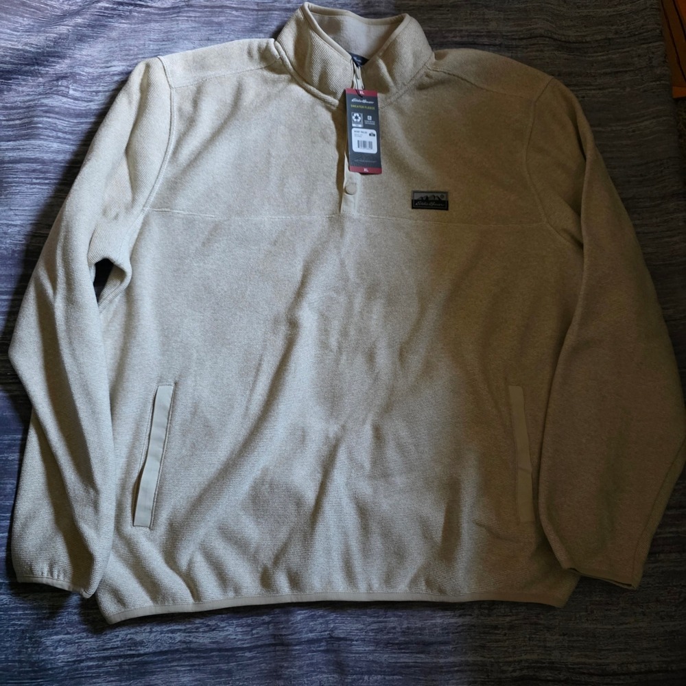 Eddie‎ Bauer Mens XL Sweater Fleece Pullover Heather Oatmeal Mock Neck EB001061